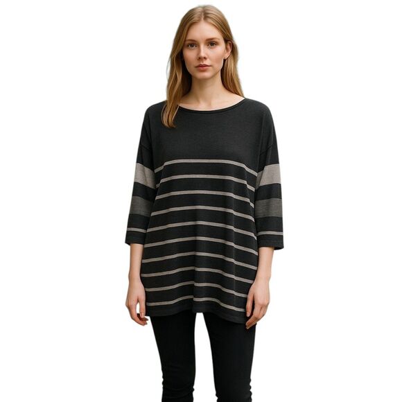 Chico's Gray Cashmere Striped Sweater, Size 12 - Picture 1 of 8